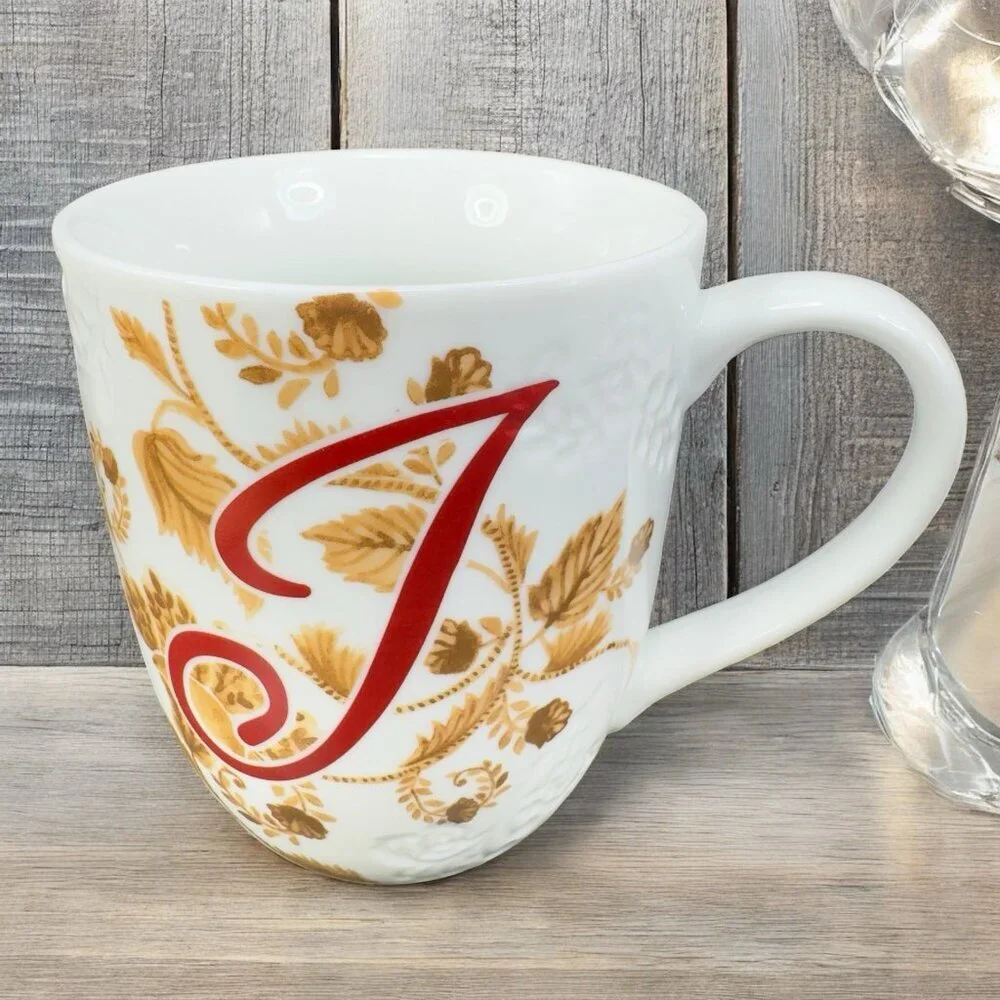 Pier 1 Porcelain Coffee Mug Cup Initial Letter‎ J Monogram Brown Leafs Pattern